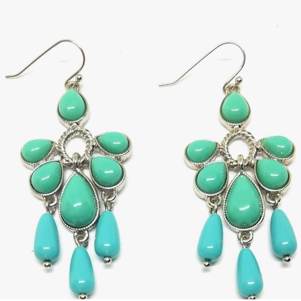 Turquoise Waterfall Statement Dangle Earrings Silver Tone Boho Southwestern NWT